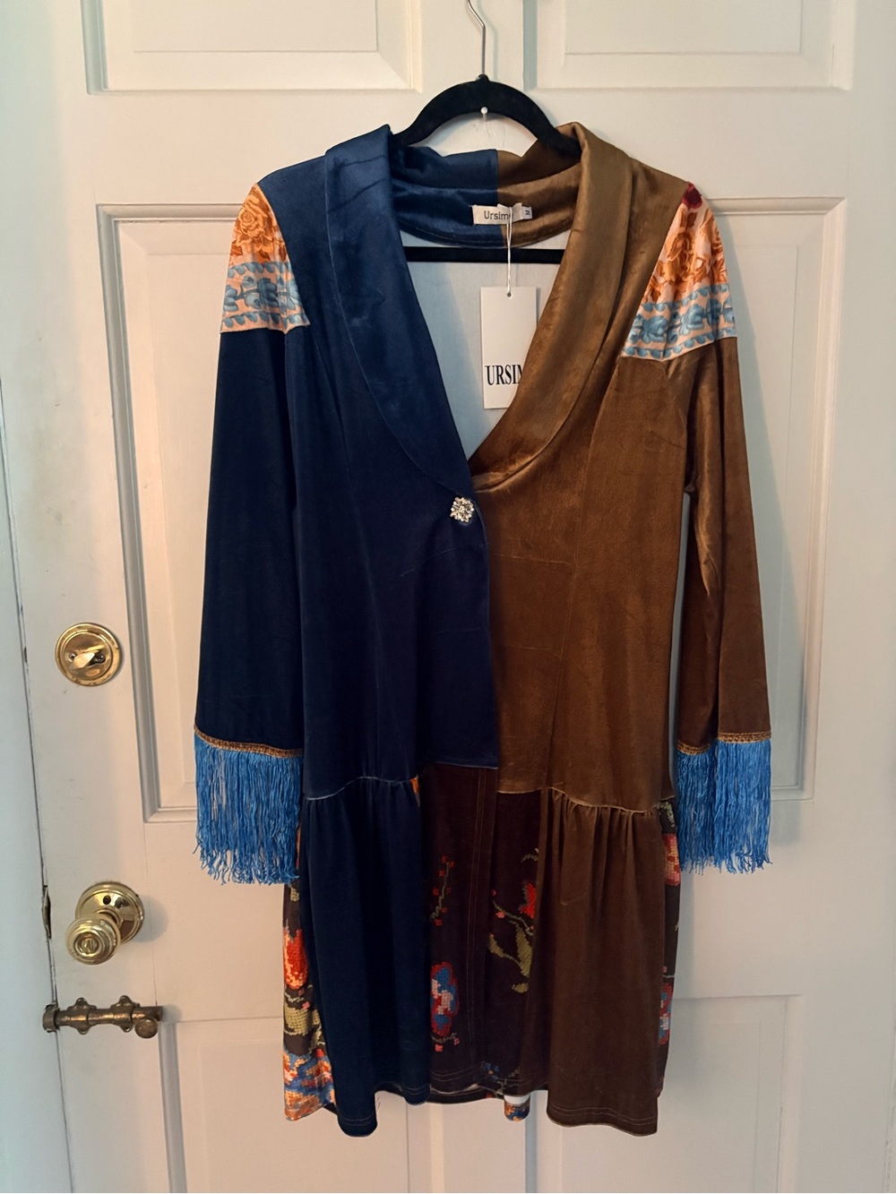 Two-Tone Velvet Fringe Coat in Navy and Brown